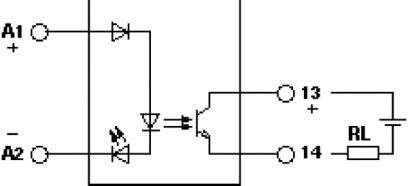 Schema di un optoaccoppiatore: Ingresso A1, A2; l'emissione luminosa attiva il transistor; Uscita 13, 14 collegata al carico RL.