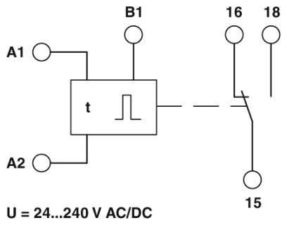 Il diagramma mostra un relè temporizzato con morsetti A1, A2, B1 e contatti 15, 16, 18. Tensione: 24-240 V AC/DC.