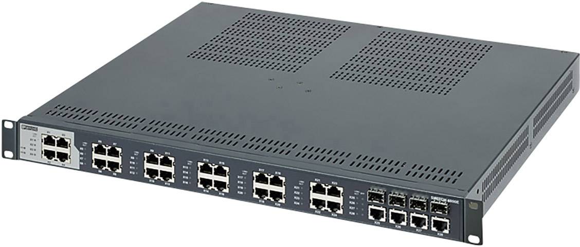 Un switch di rete con più porte Ethernet e fessure di ventilazione sulla parte superiore. Adatto per il montaggio in rack per sale server.