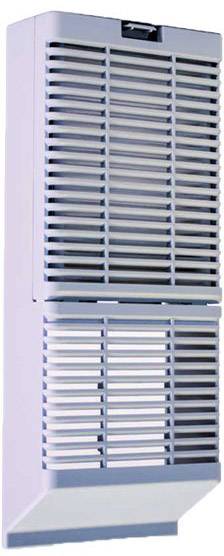 Un riscaldatore verticale bianco con fessure di ventilazione, adatto al montaggio a parete per riscaldare ambienti piccoli e medi.