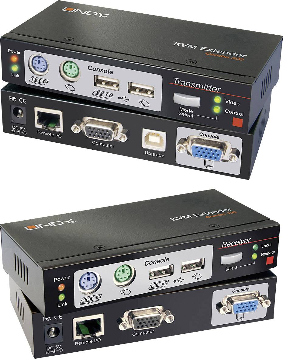 Due dispositivi estensori KVM. In alto il 'Trasmettitore' con connessioni VGA e di ingresso, in basso il 'Ricevitore' con uscita VGA e porta USB.