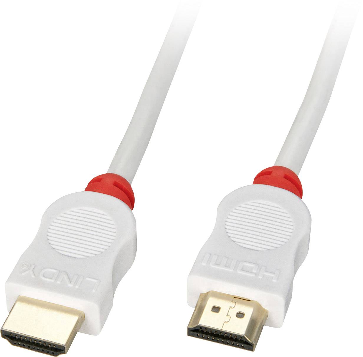 Un cavo HDMI bianco con accenti rossi, che mostra entrambi i connettori.