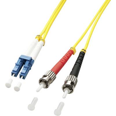Due cavi in fibra ottica e i loro tipi di connettori: a sinistra un connettore LC blu, a destra un connettore ST rosso e nero con cappucci di protezione.