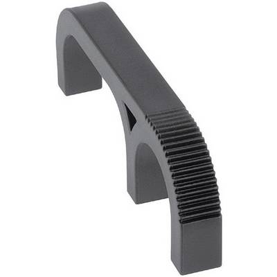 Elemento di tensione metallico nero con forma curva e superficie superiore scanalata, principalmente utilizzato per applicazioni industriali.