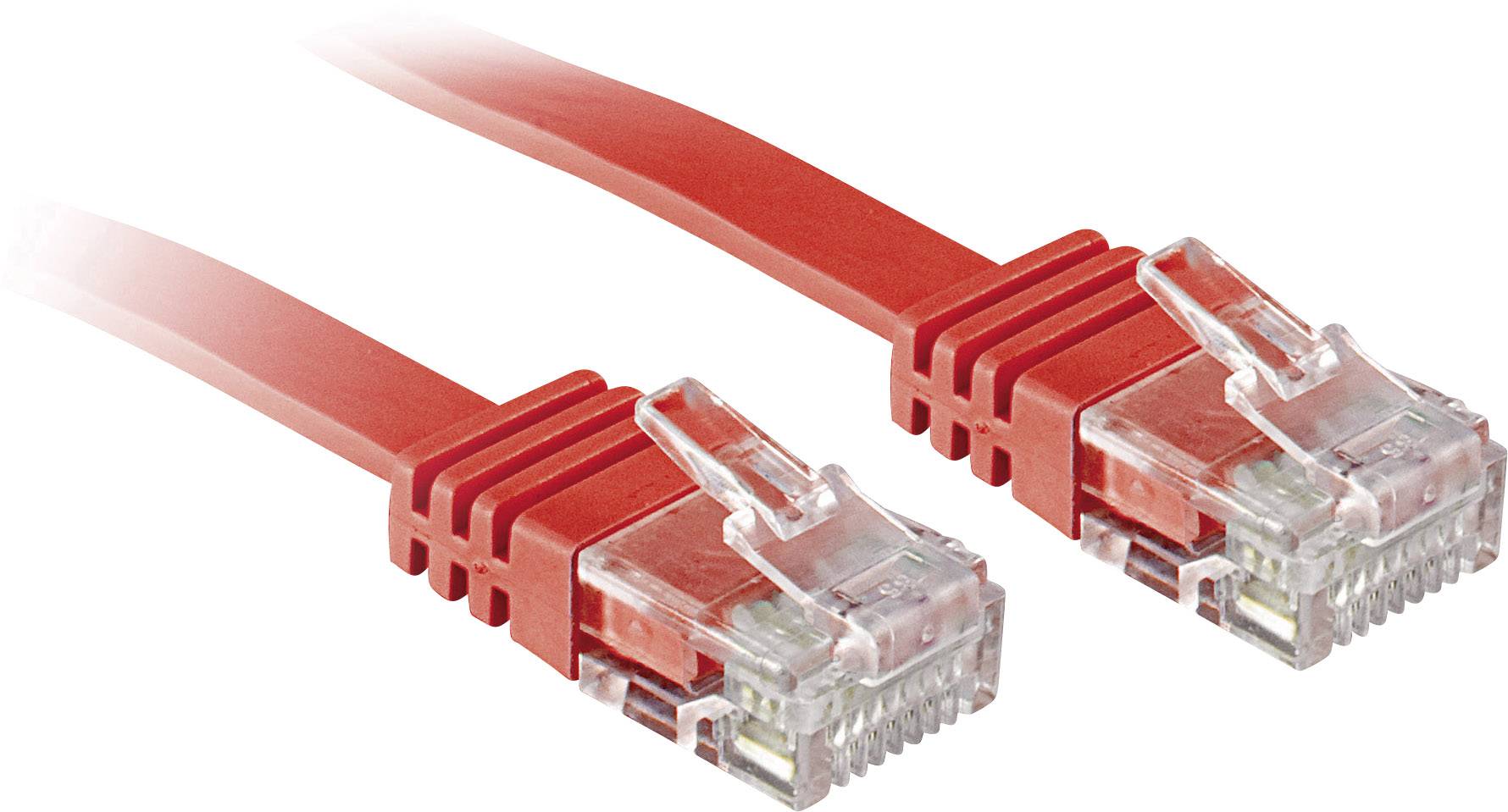 Due cavi di rete rossi con connettori trasparenti, posizionati uno accanto all'altro, simboleggiano connessione e trasmissione dati.