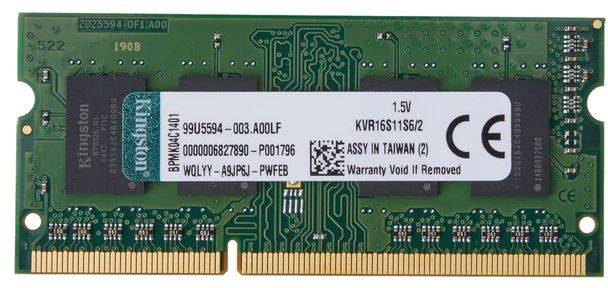 Kingston KVR16S11S6/2 Modulo memoria Laptop DDR3 2 GB 1 x 2 GB 1600 MHz 204pin SO-DIMM CL11 KVR16S11S6/2