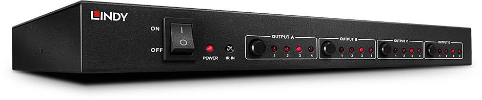 Un KVM-switch nero di Lindy con sei luci rosse sul davanti che indicano lo stato degli ingressi e delle uscite.