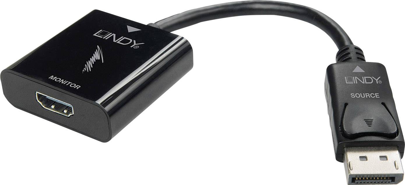 Un adattatore nero da HDMI a DisplayPort con cavo, contrassegnato con 'LINDY' e 'SOURCE'.