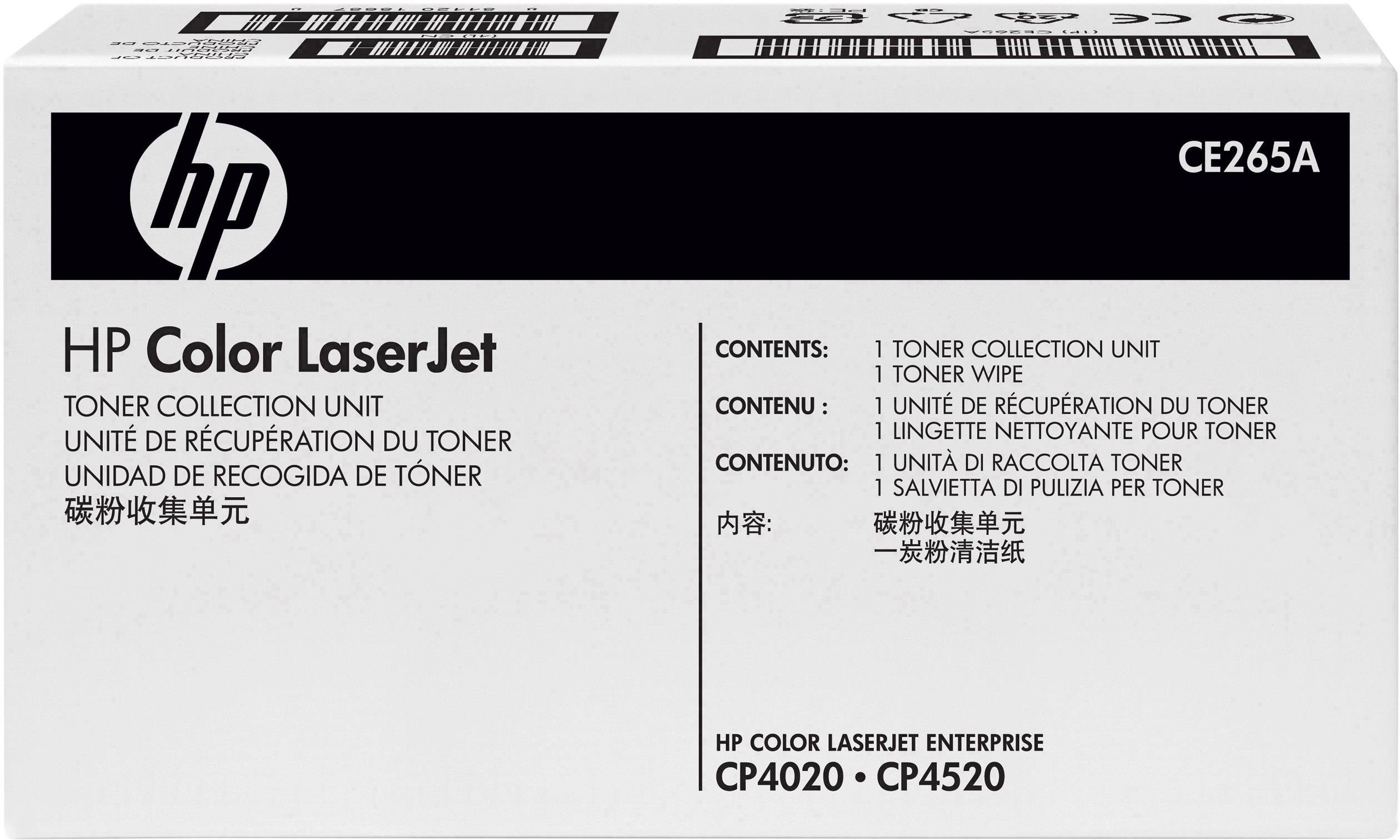 Contenitore di raccolta toner per HP Color LaserJet CE265A, compatibile con i modelli CP4020 e CP4520. Testo di imballaggio in più lingue.