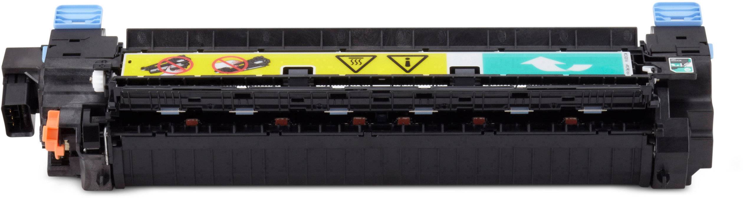 Una cartuccia di toner nera con simboli colorati su sfondo giallo e manici blu alle estremità.