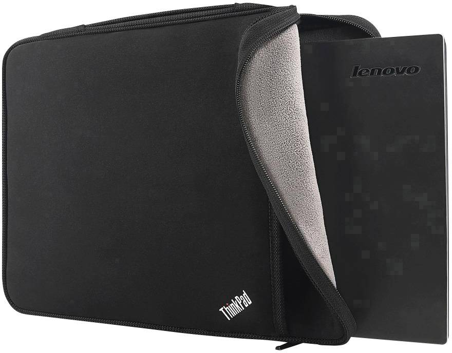 Custodia per laptop nera con fodera interna grigia e laptop parzialmente estratto con logo 'Lenovo'. Ideale per proteggere il laptop.