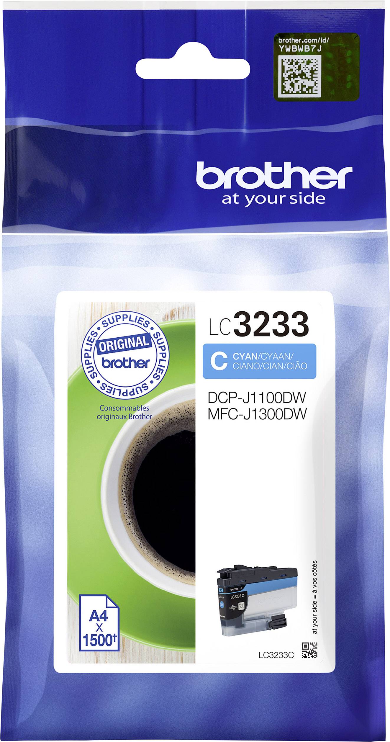 Confezione di una cartuccia di inchiostro Cyan Brother LC3233C, compatibile con i modelli di stampanti DCP-J1100DW e MFC-J1300DW.