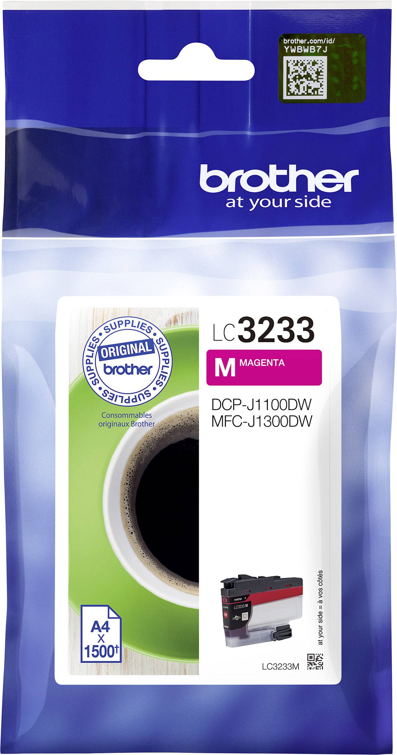 Confezione di una cartuccia d'inchiostro Brother LC3233 in Magenta per modelli di stampanti DCP-J1100DW e MFC-J1300DW.