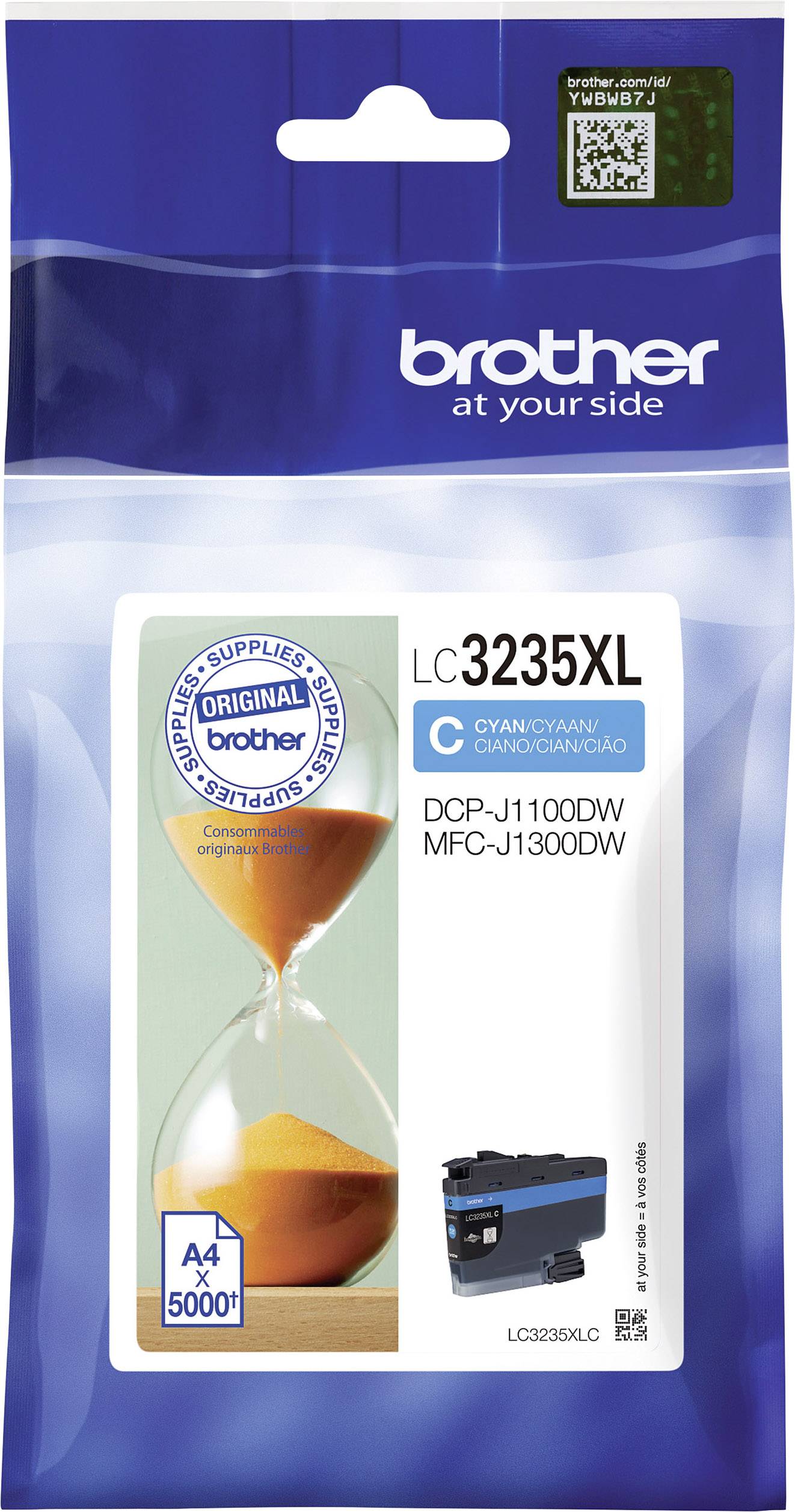 Cartuccia Brother LC3235XL Ciano, 5000 pagine. Compatibile con DCP-J1100DW e MFC-J1300DW. Contiene il logo originale ufficiale.