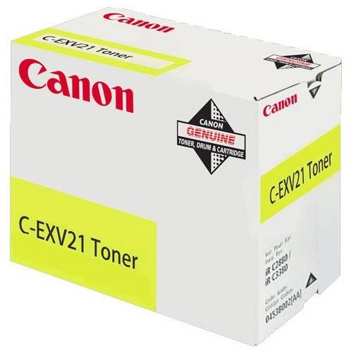 Cartuccia toner Canon, modello C-EXV21, in confezione bianca con dettagli gialli e rossi. Adatta a specifici modelli di stampante.