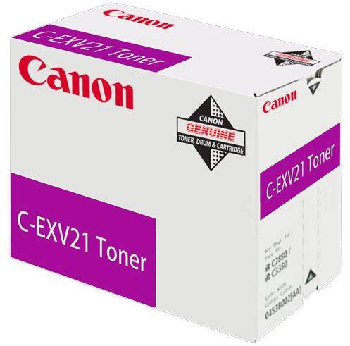 Confezione bianca con strisce viola. Scritta: 'Toner Canon C-EXV21'. Contiene toner per stampanti Canon.