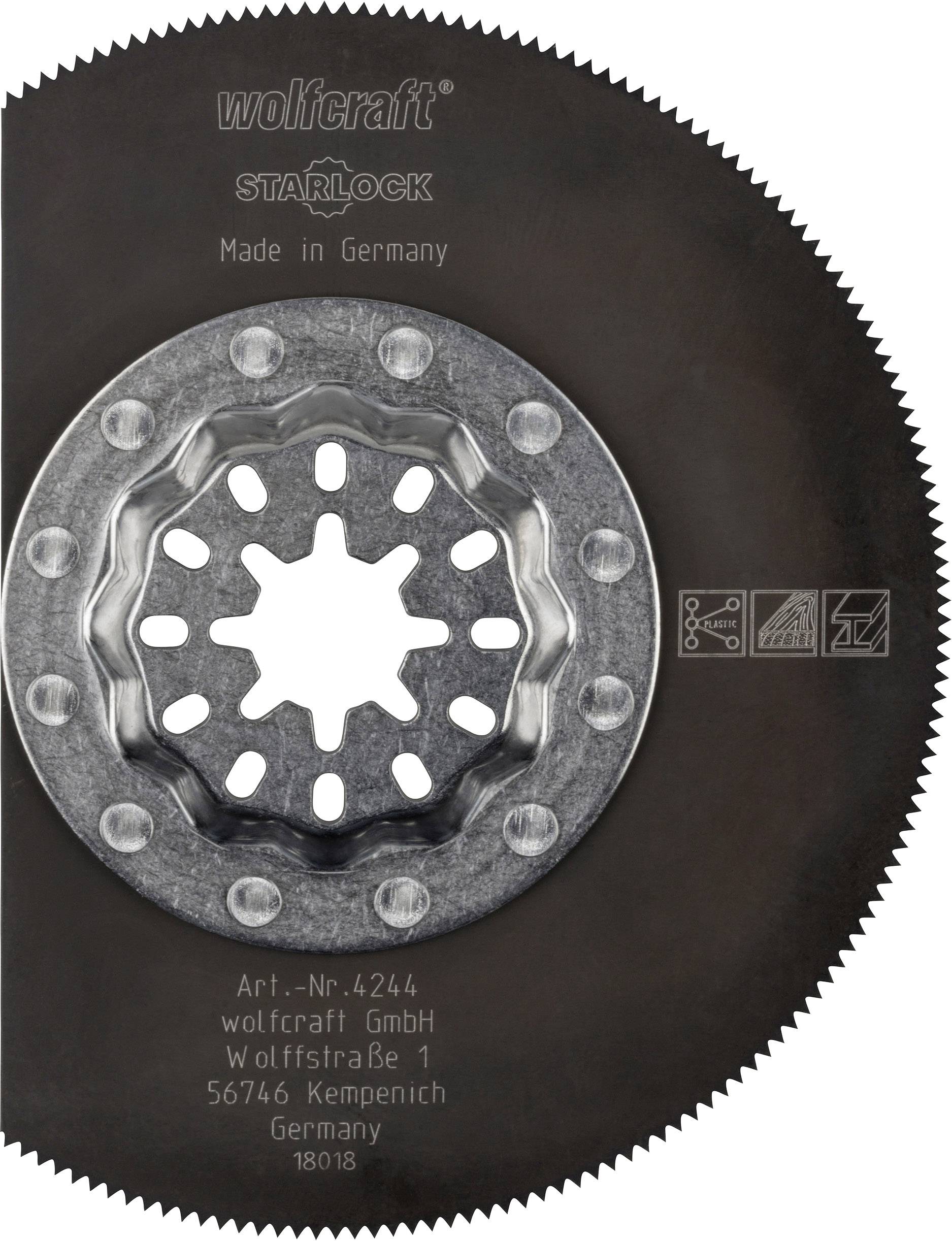 Lama per sega a sciabola con disco metallico rotondo e denti, marchio 'wolfcraft'. Testo: 'STARLOCK', 'Made in Germany', indirizzo a Kempenich.