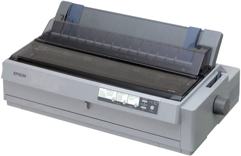 Una stampante a matrice Epson con coperchio trasparente e pannello di controllo. Progettata per l'uso in ufficio, nota per l'affidabilità e la durata.