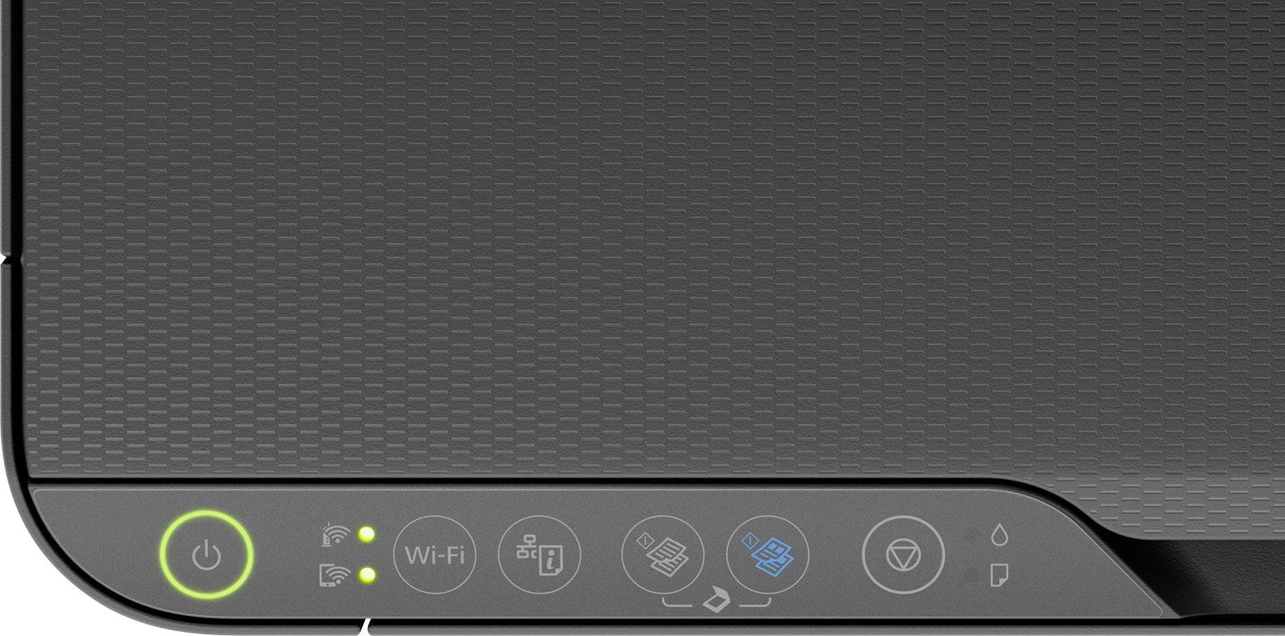 Un pannello di controllo della stampante con i simboli di Acceso/Spento, Wi-Fi, inchiostro e inceppamento carta. Una luce verde indica che il dispositivo è acceso.