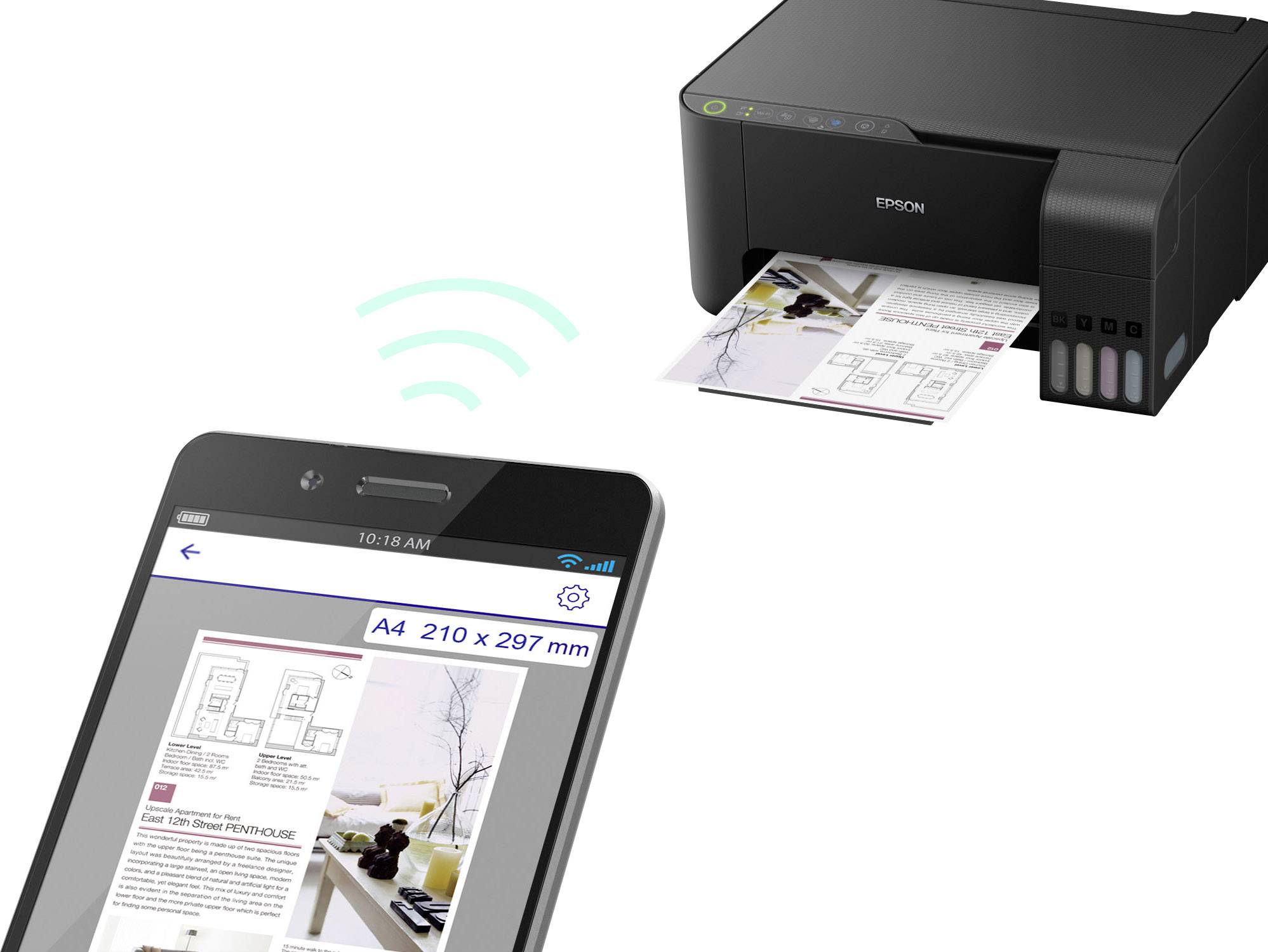 Un smartphone invia un documento in modalità wireless a una stampante per la stampa. Il documento contiene materiale grafico e informazioni testuali.