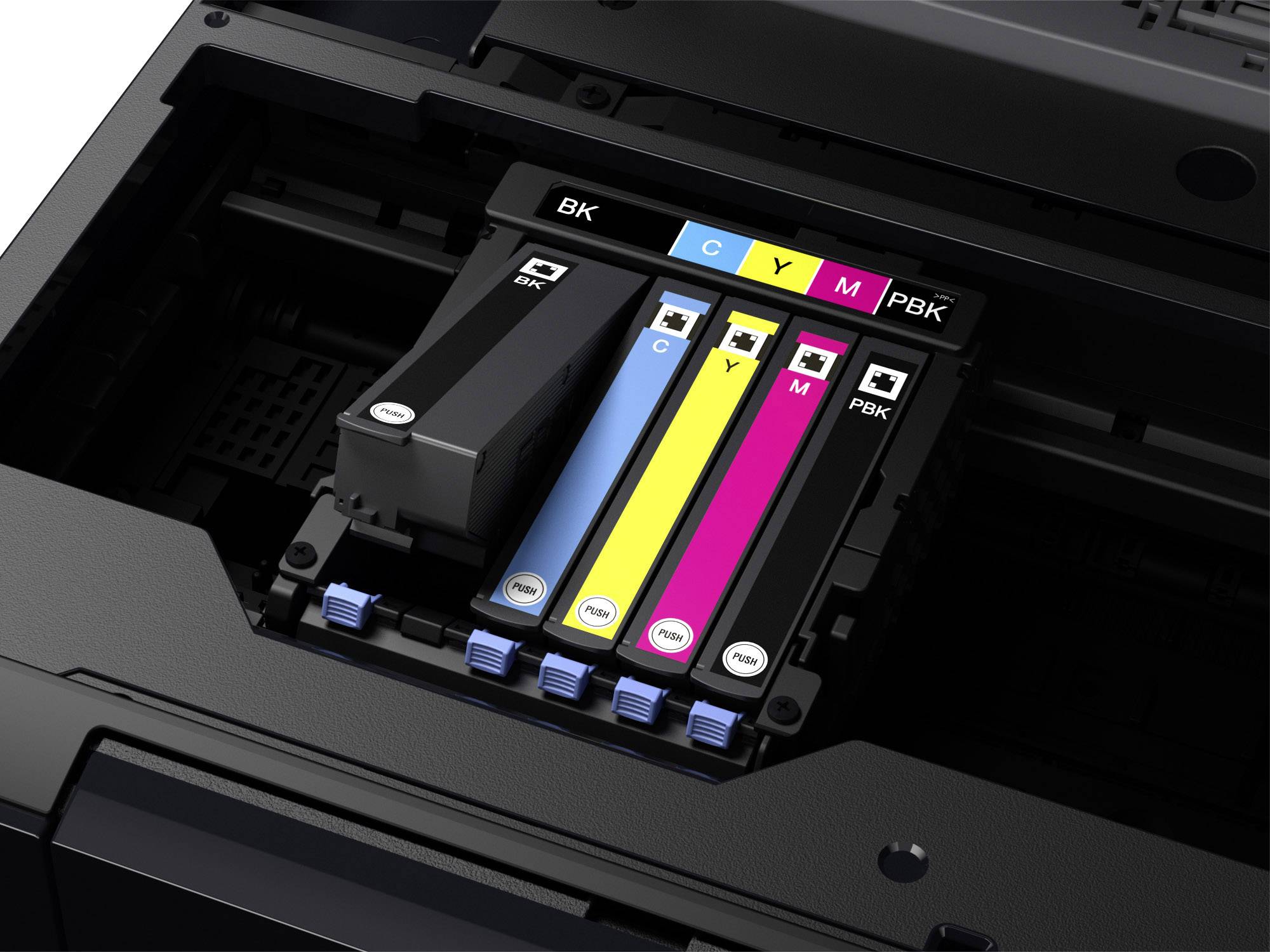 Stampante con vano cartucce aperto. Quattro cartucce d'inchiostro nei colori Nero, Ciano, Magenta e Giallo sono visibili.