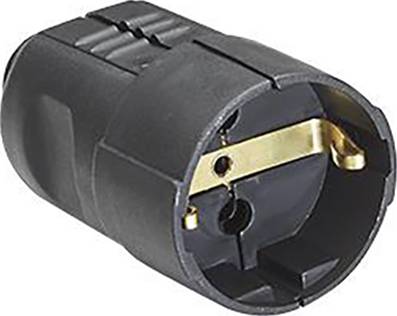 Un adattatore nero con un contatto dorato al centro. Adatto per collegare due cavi elettrici.