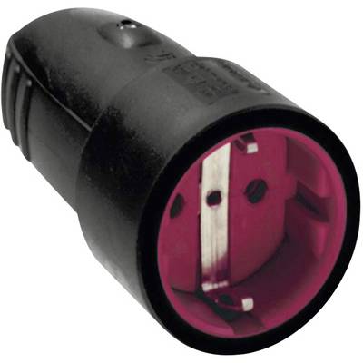 Adattatore 'Schuko' in nero con area interna rossa, adatto per prese elettriche; presenta una forma rotonda e contatti metallici.
