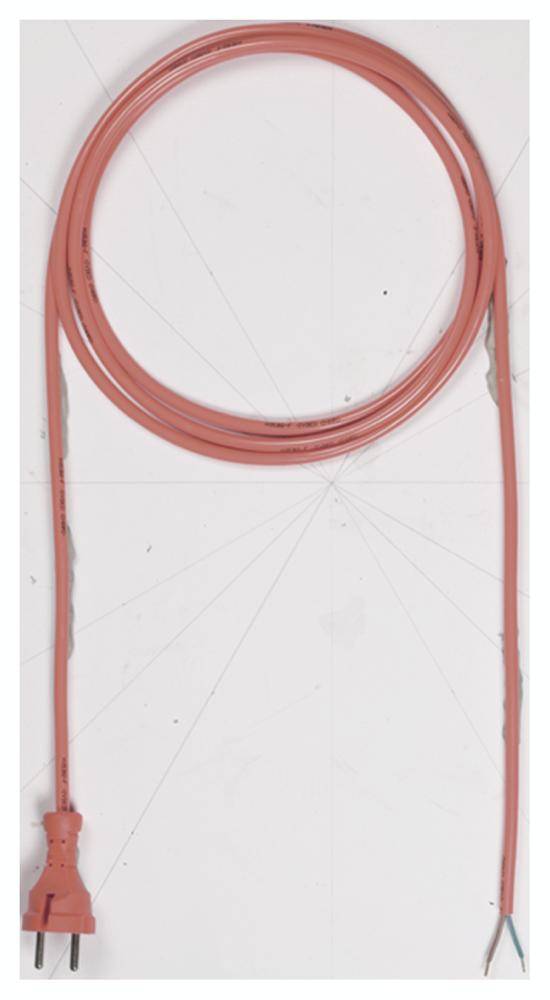 Un cavo di prolunga rosso con una spina è mostrato su uno sfondo bianco.