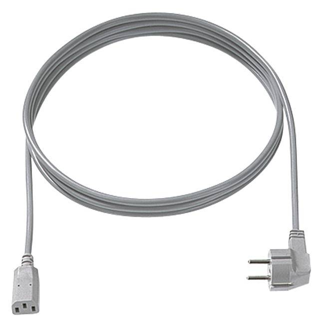 Cavo di rete grigio con una spina con messa a terra sul lato destro e un connettore IEC sul lato sinistro.