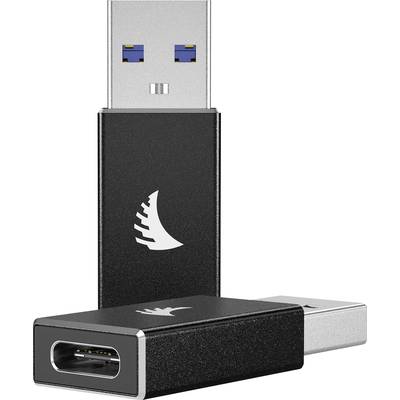 Adattatore da USB-C a USB-A. Un adattatore nero con un emblema distintivo per collegare dispositivi USB-C a porte USB-A.