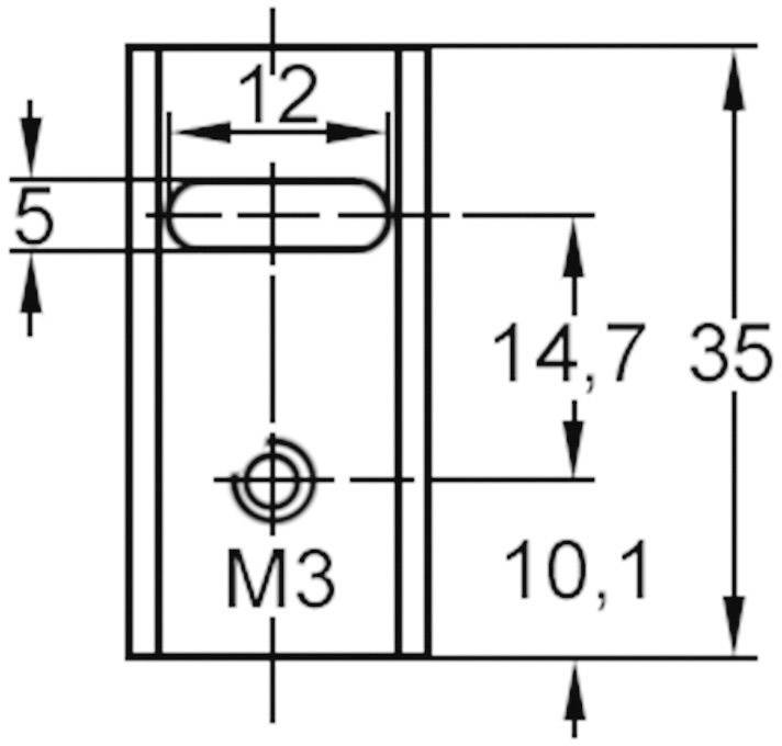 Disegno tecnico di un oggetto rettangolare con dimensioni: altezza 35, larghezza 12, apertura con filettatura M3, misure aggiuntive: 5, 10,1 e 14,7.