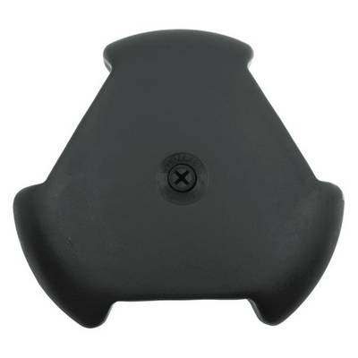 Componente in plastica nero a forma di triangolo con bordi arrotondati e una vite centrale.