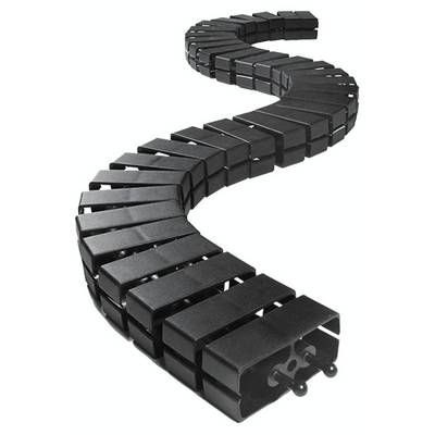 Una catena energetica nera a forma di serpente, flessibile e adatta alla protezione dei cavi in applicazioni meccaniche.