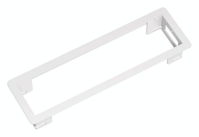 Cornice rettangolare bianca in plastica con clip agli angoli, idonea per il fissaggio.