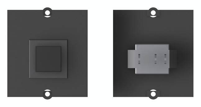 Un interruttore della luce e una presa elettrica in un design moderno, quadrato, con finitura nera, montabili a parete.