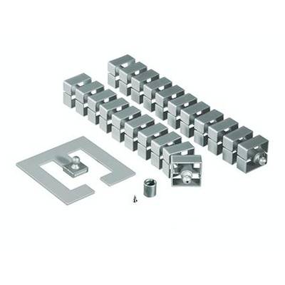 Set di fissaggio metallico con morsetti quadrati, piastra di base, vite e distanziali, probabilmente per sistemi modulari.