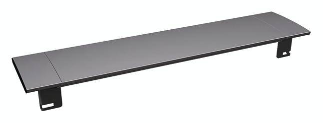 Ripiano per laptop grigio in metallo, rettangolare e piatto, da fissare a una scrivania per ampliare lo spazio di lavoro.