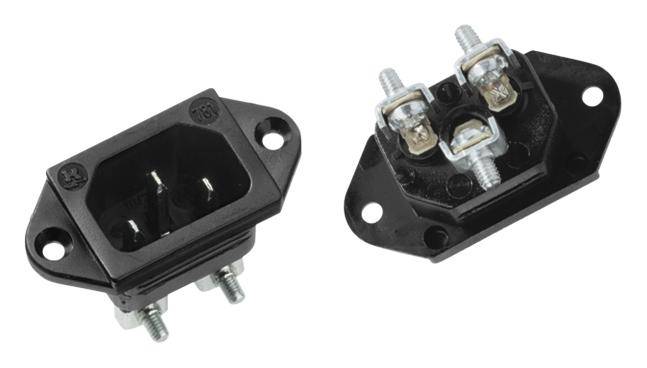 Connettori elettrici neri con fissaggio a vite, con connessione a innesto a sinistra, a destra con due viti e parete divisoria.