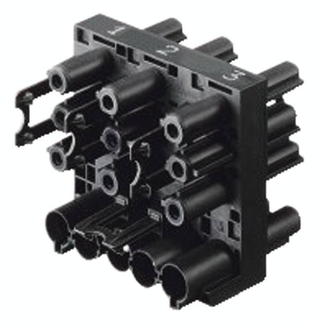 Connettore elettrico nero con multipli attacchi e forma rettangolare, idoneo per applicazioni tecniche.