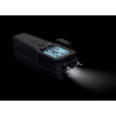 Un dispositivo digitale per la misurazione dell'umidità con display illuminato mostra un valore di 58,2%, su uno sfondo scuro.