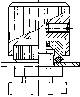 Disegno tecnico di un componente meccanico con linee tratteggiate e tratteggi per rappresentare sezioni e fori.