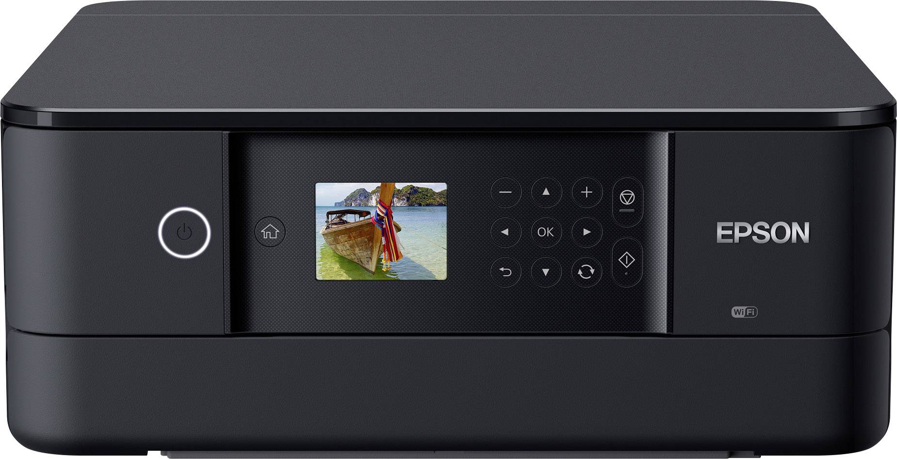 Una stampante Epson nera con schermo a colori. Sullo schermo è raffigurata una barca sull'acqua.