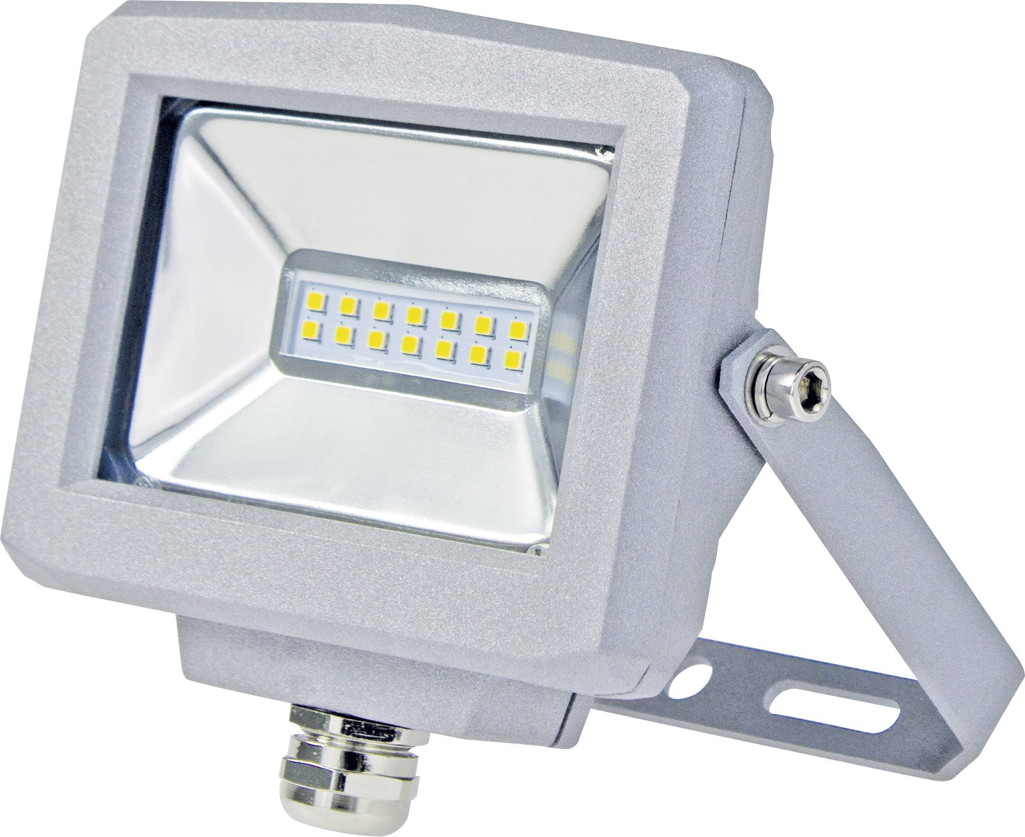 Un proiettore LED rettangolare con più LED su uno sfondo riflettente, montato su un supporto metallico regolabile.
