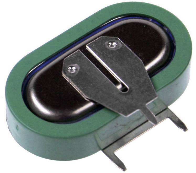 Un piccolo supercondensatore ovale bipolare con involucro verde in plastica. Ha due connettori metallici sul lato frontale.