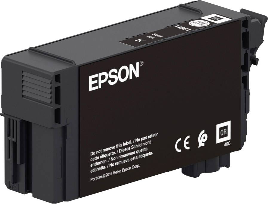 Cartuccia d'inchiostro nera con logo 'EPSON', marchio CE e avvertenze sulla parte anteriore, compatibile con stampanti.