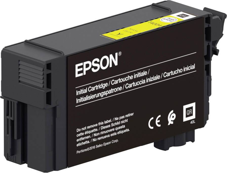 Cartuccia di inizializzazione Epson nera con etichetta gialla in alto, testo in più lingue sul lato. Marchio CE presente.