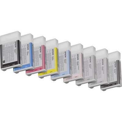 Otto cartucce d'inchiostro in diversi colori (nero, blu, rosso, giallo) per stampanti Epson, disposte una accanto all'altra.