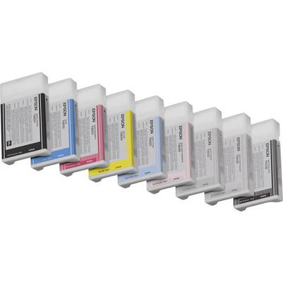 Otto cartucce d'inchiostro Epson in diversi colori (Nero, Ciano, Magenta, Giallo), allineate e leggermente inclinate all'indietro.