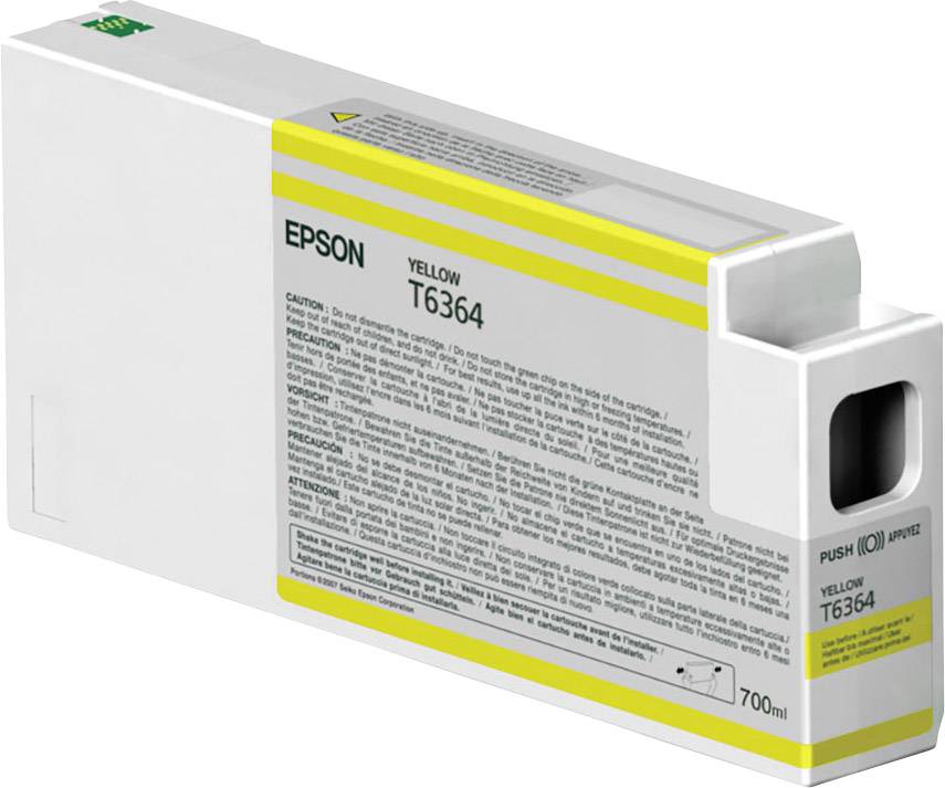 Cartuccia d'inchiostro Epson T6364 gialla, 700 ml, con avvertenze e istruzioni di stampa sulla confezione.