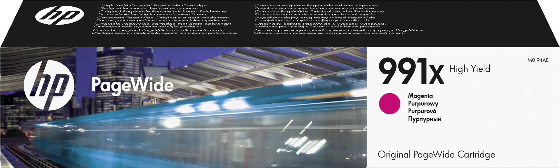 Confezione di una cartuccia d'inchiostro ad alte prestazioni HP PageWide 991X in magenta. Mostra uno skyline urbano sfocato.